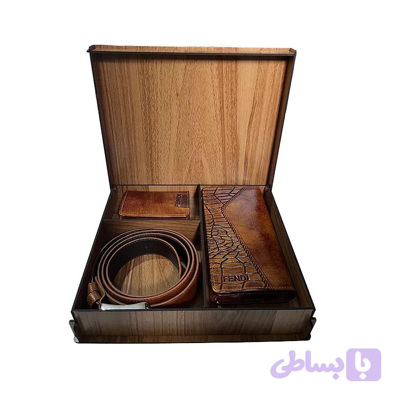 ست هدیه چرم مردانه عسلی (کیف و کمربند) — تصویر 1