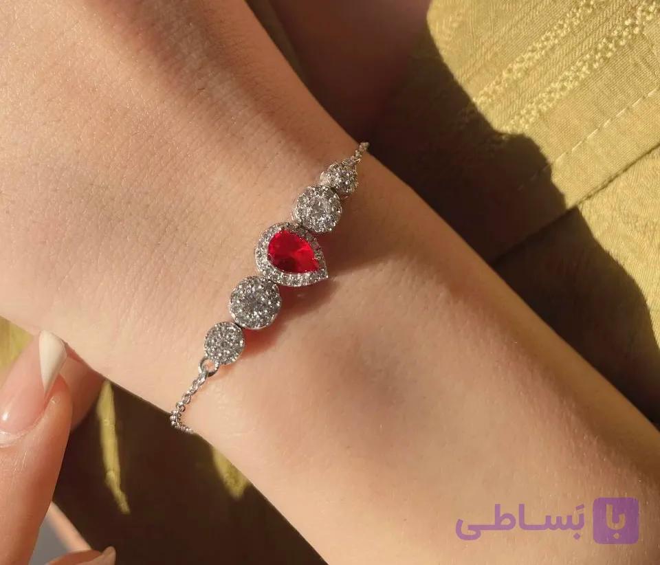 دستبند نقره اشک طرح یاقوت سرخ 0043