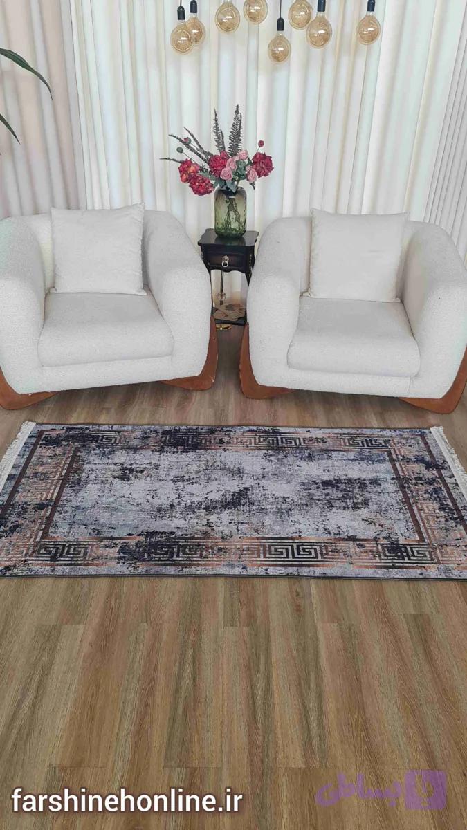 فرشینه مدرن طرح پتینه و حاشیه ورساچه – رنگ طوسی مسی — تصویر 1