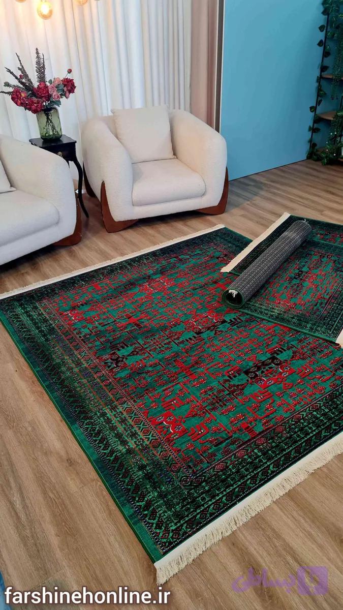 فرشینه طرح سنتی سبز و قرمز با نقش اصیل ایرانی — تصویر 1