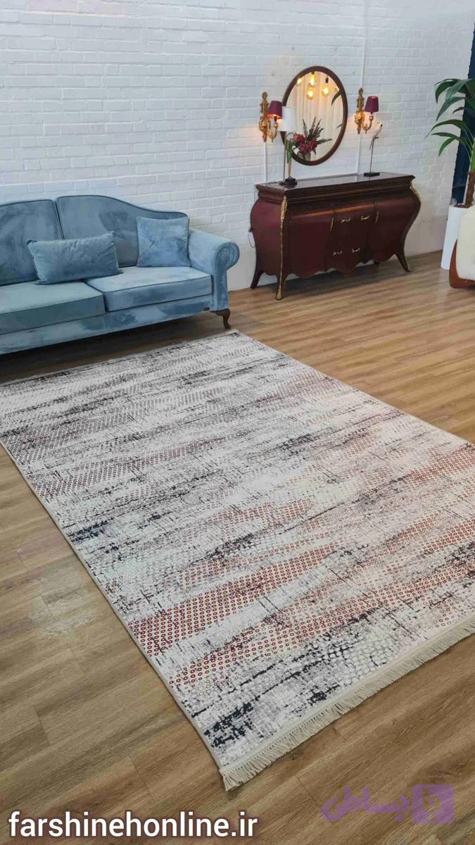فرشینه مدرن طرح پتینه انتزاعی – زمینه کرم طوسی با جزئیات آجری — تصویر 1
