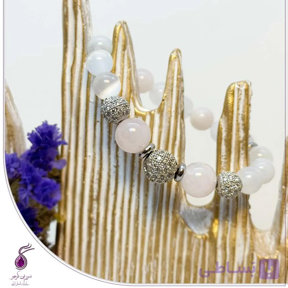 دستبند رزکوارتز و سلنایت با خرجکار گوی استیل نگین کد B268 — تصویر 1