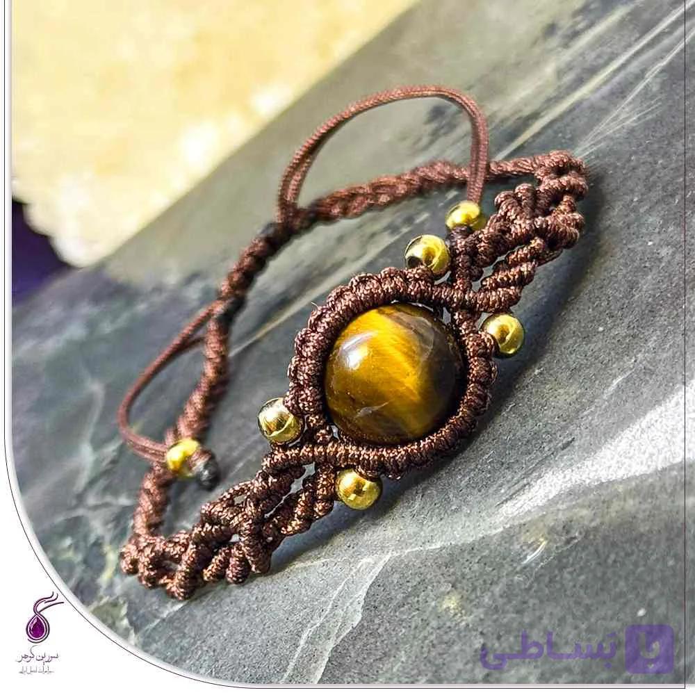 دستبند سنگ چشم ببر با بافت مکرومه قهوه ای کد B219 — تصویر 1