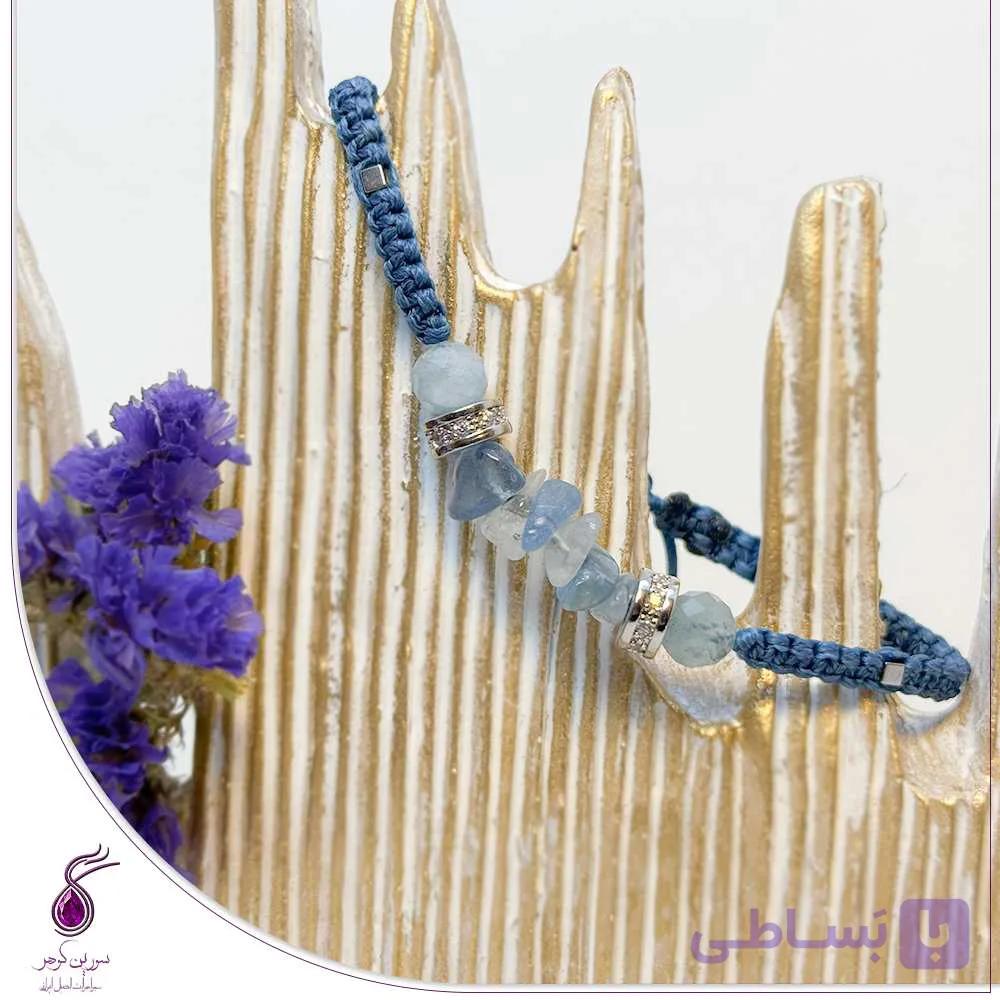 دستبند سنگ آکوامارین با بافت مکرومه آبی کد B264 — تصویر 1