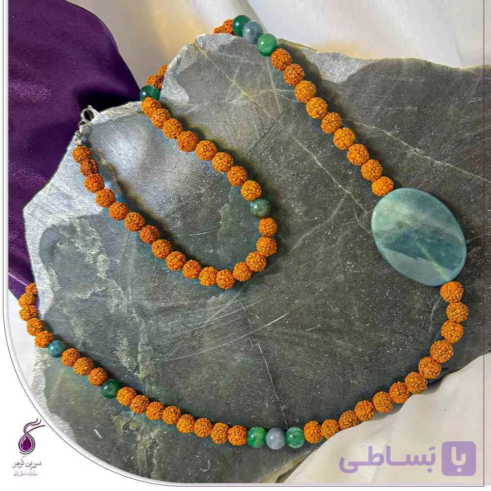 گردنبند رولباسی رودراکشا و سنگ اونتورین و عقیق خزه ای کد N95 — تصویر 1