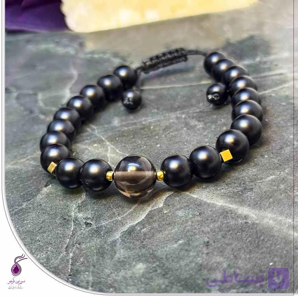 دستبند سنگ تورمالین سیاه و کوارتز دودی گوی کد B223 — تصویر 1