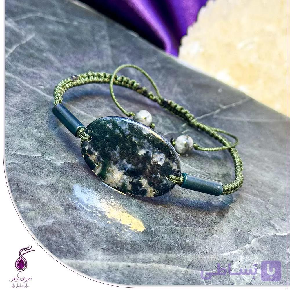 دستبند سنگ عقیق خزه ای بافت مکرومه سبز کد B252 — تصویر 1