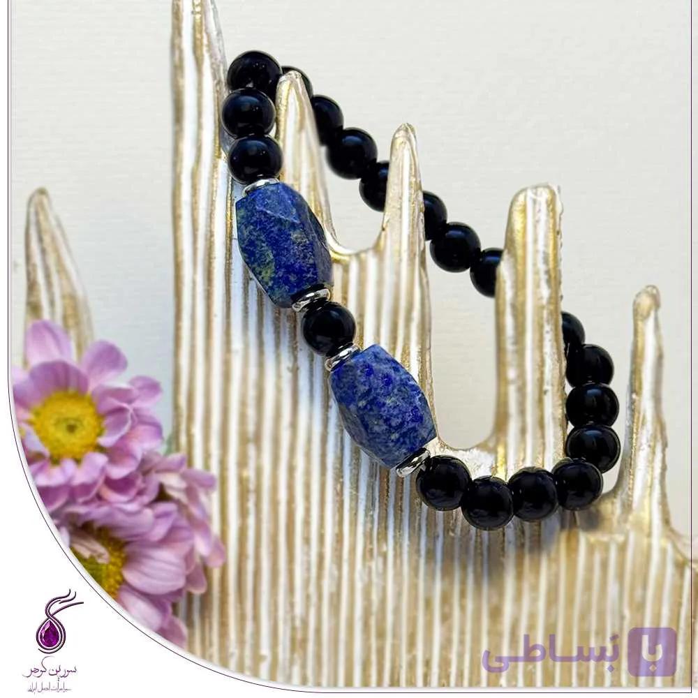دستبند مردانه سنگ تورمالین سیاه با وسط لاجورد کد B262 — تصویر 1
