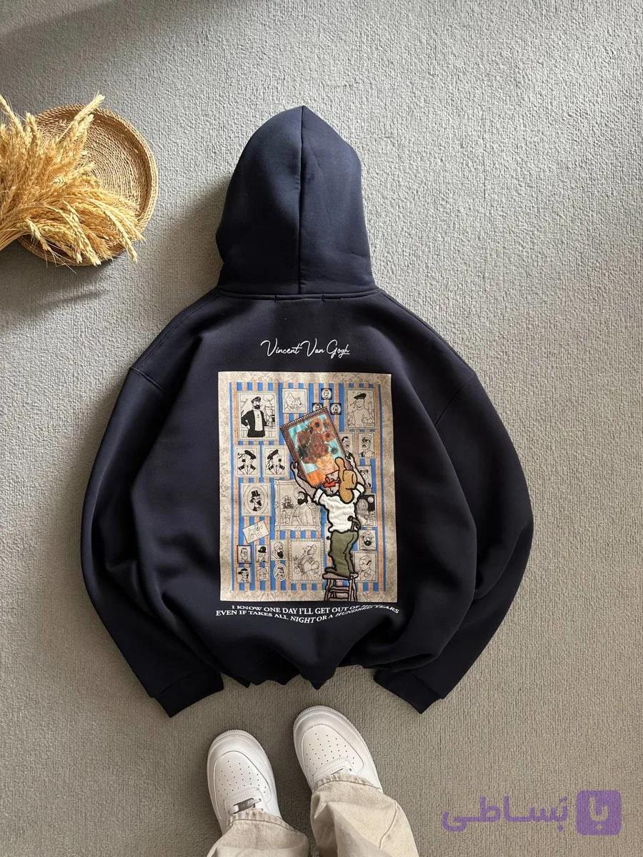 هودی طرح تابلو ونگوگ رنگ سورمه ای — تصویر 1