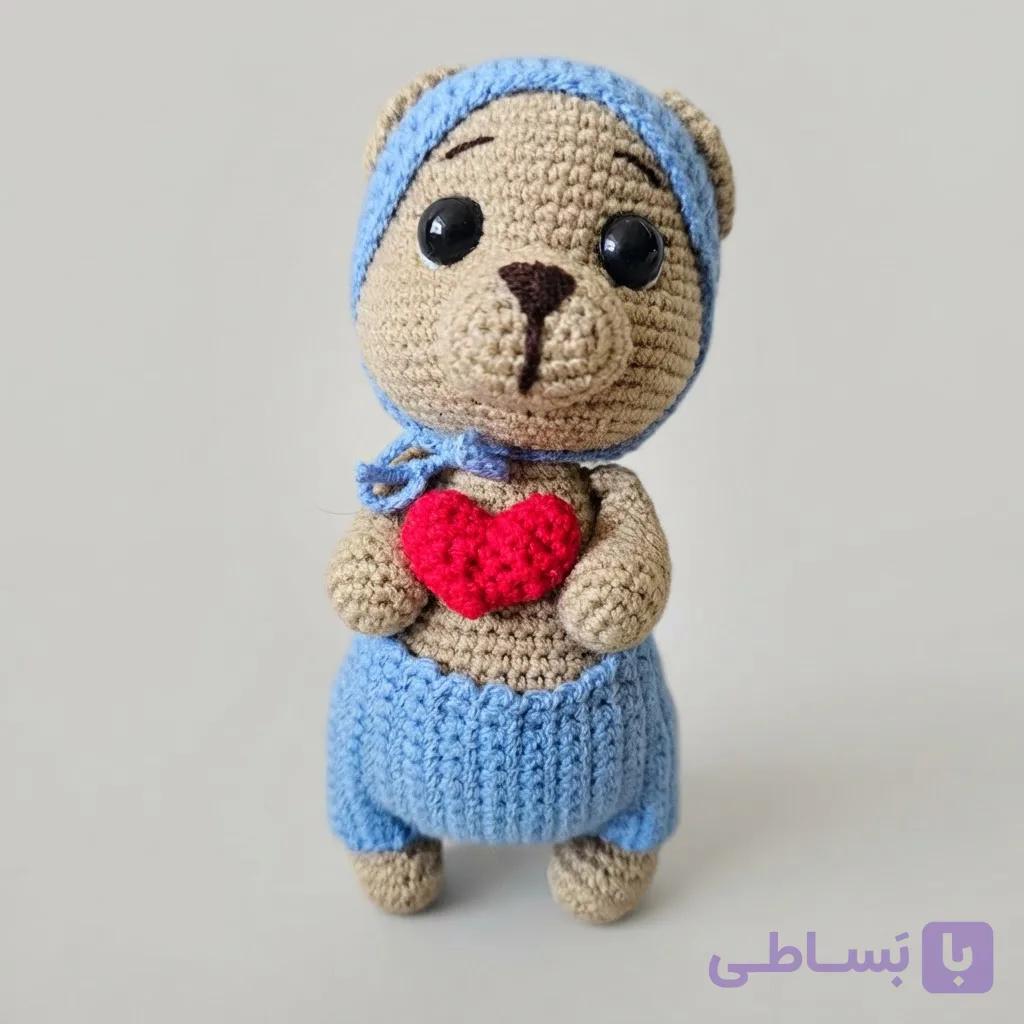 عروسک خرس قلب قرمزی دستباف با قلاب و کاموا مرغوب ایرانی