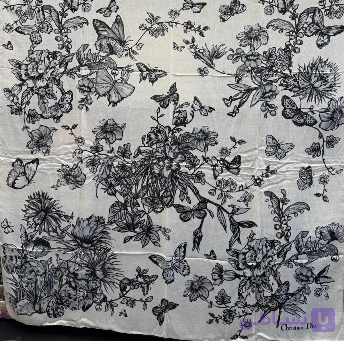 روسری کشمیر بهاره طرح باغ پروانه قواره ۱۲۰ دوردستدوز