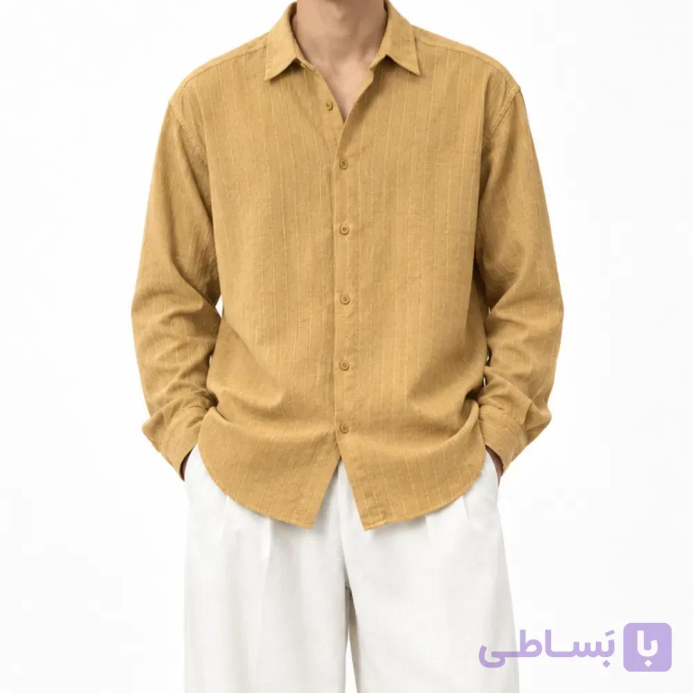 پیراهن باکسی مردانه با طرح راه راه کرم | با کیفیت و شیک | استایل مینیمال کد 1001