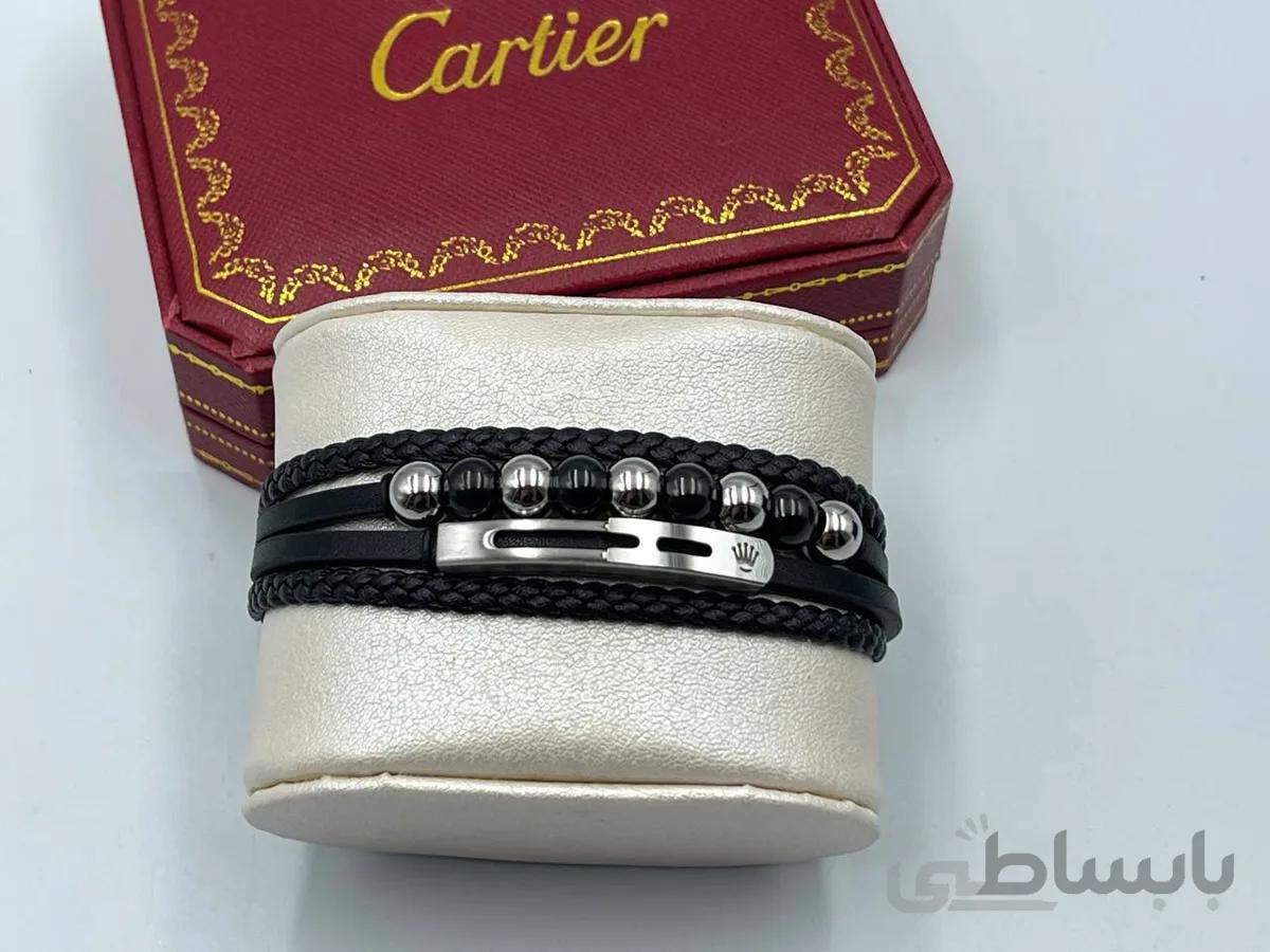 دستبند چرم رولکس چهاردور نقره ای