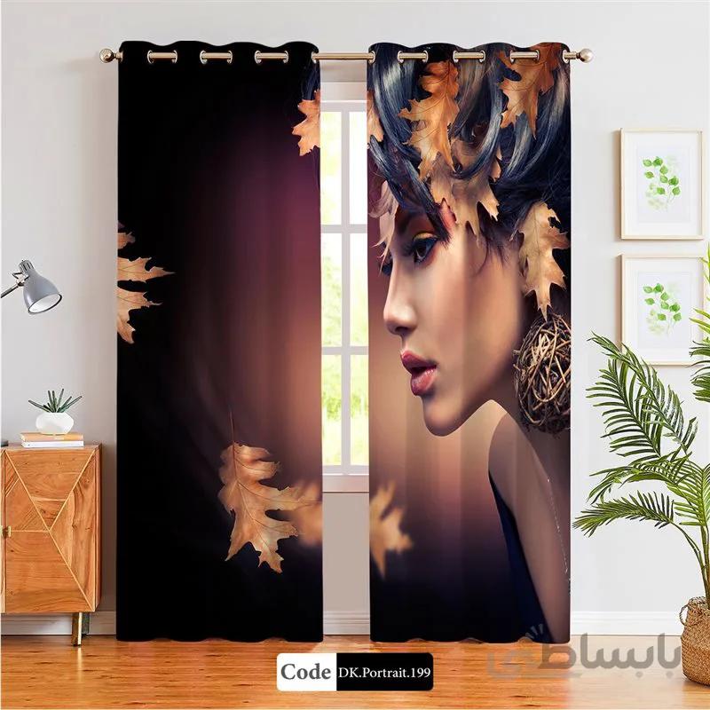 پرده پانچی (هازان و مخمل) کد DK.Portrait.199 طرح چهره زن و برگ های پاییزی