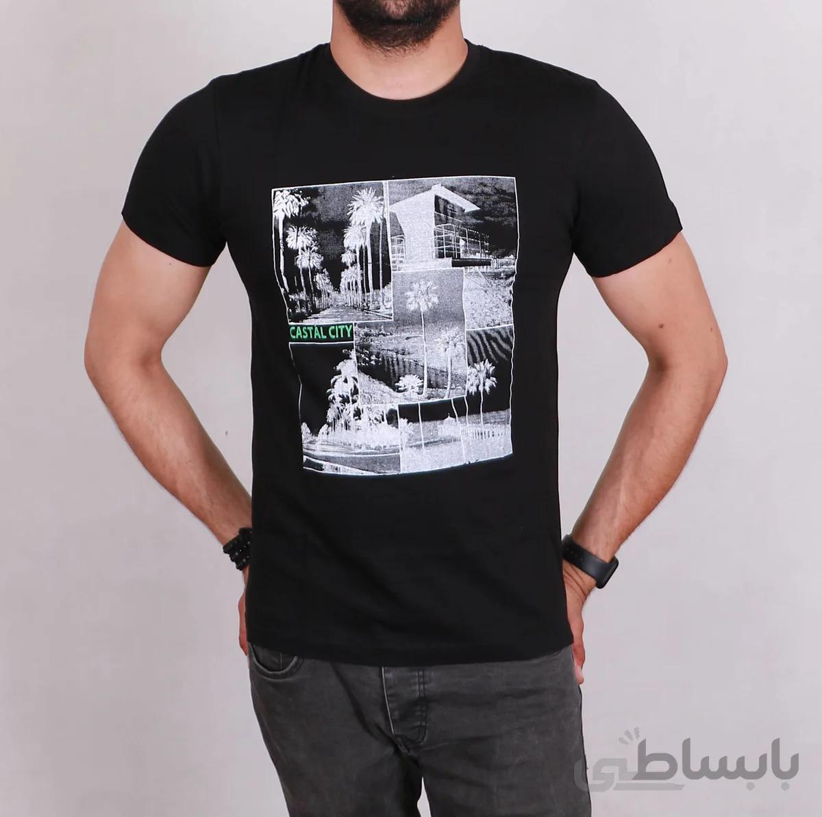 تیشرت یقه گرد مردانه مشکی مدل CASTAL City Green