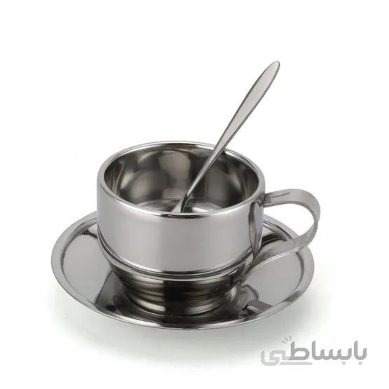 فنجان استیل 180mlنسکافه و چای به همراه نعلبکی و قاشق
