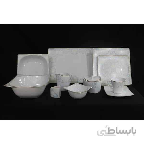 سرویس غذاخوری 101 پارچه ( 12 نفره ) چهار گوش (فلت) چینی پردیس گل آرایی راشل سبز آبی کد 269
