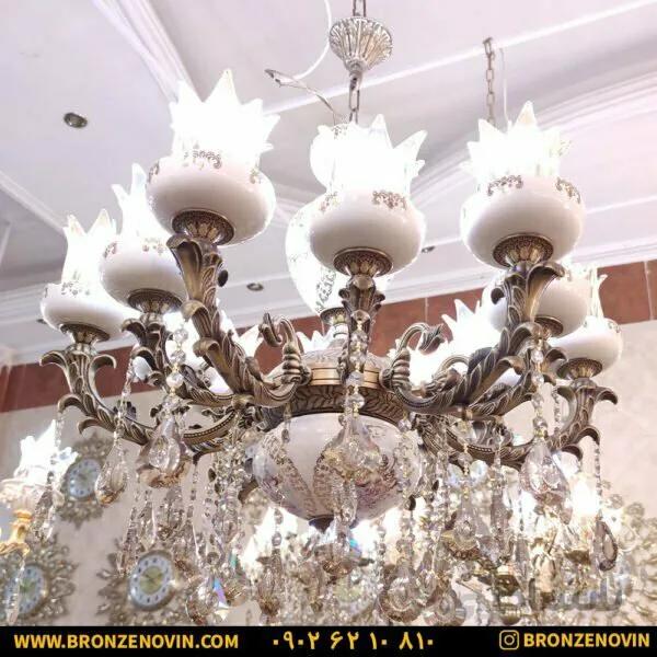 لوستر برنزی طرح ژاله آنتیک سرامیکی ۶ شاخه ۱۲ شعله کد ۶۲۴