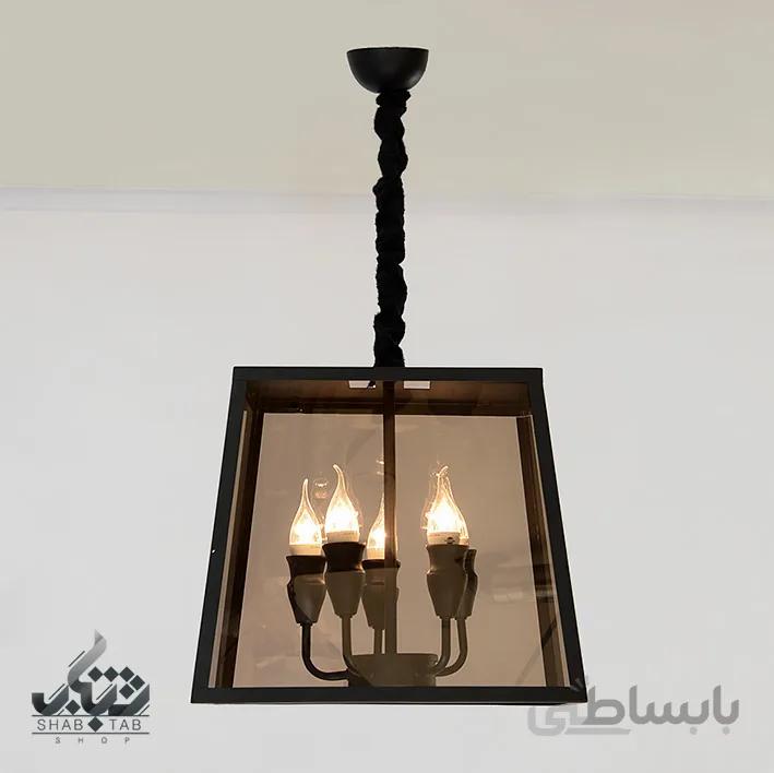 لوستر آویز مدرن پنج شعله مستطیل دور شیشه کد 1265 مشکی SHJ – سرپیچ E14