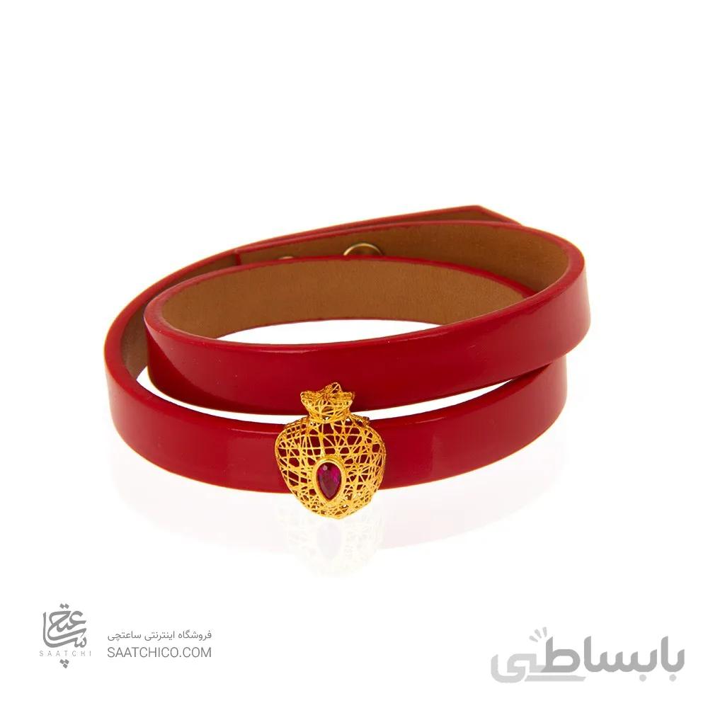 دستبند چرم با پلاک طلا طرح انار کد XB930