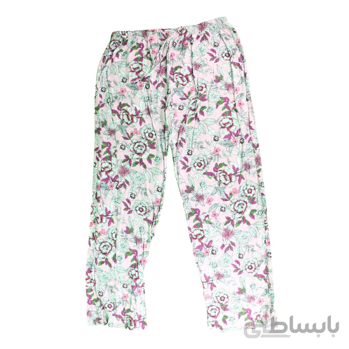 شلوار نخی راحتی زنانه صورتی گلدار