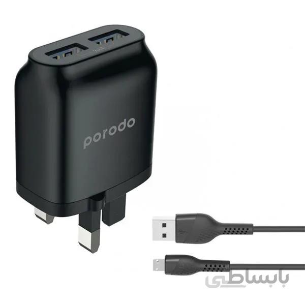 فست شارژر دیواری Micro USB پرودو با کابل 1.2 متر -Porodo Dual USB Wall Charger 2.4A with Improved Version PVC Micro USB Cable 1.2m - Black