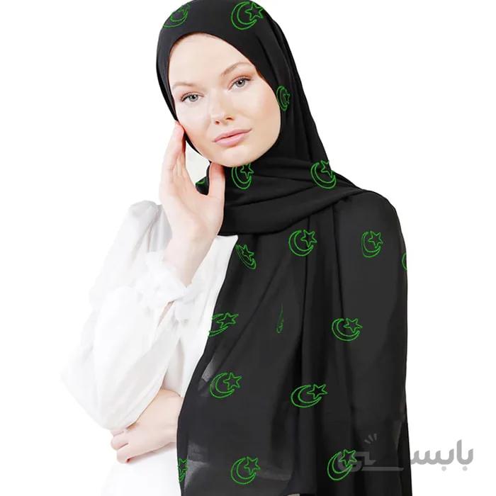 شال حریر مشکی گلدوزی ماه سبز