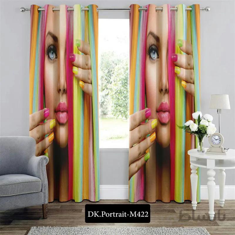 پرده پانچی (هازان و مخمل) کد DK.Portrait.M422 طرح چهره دختر با موهای چند رنگ