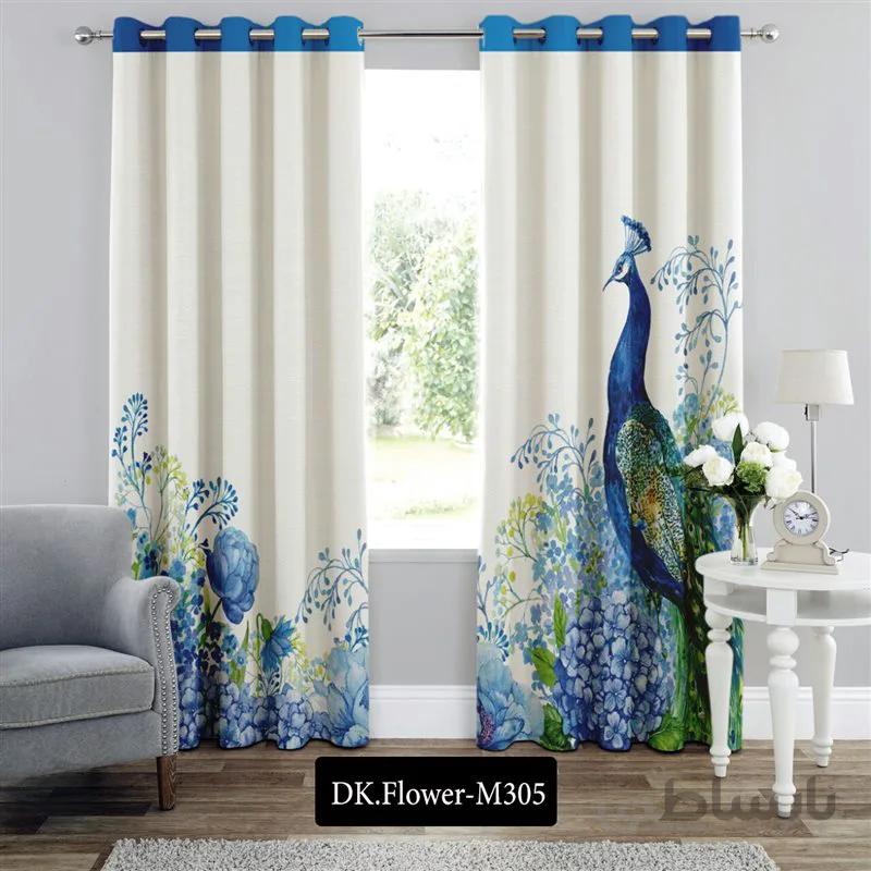 پرده پانچی (هازان و مخمل)کد DK.Flower.M305 طرح گل و منظره طاووس در باغ