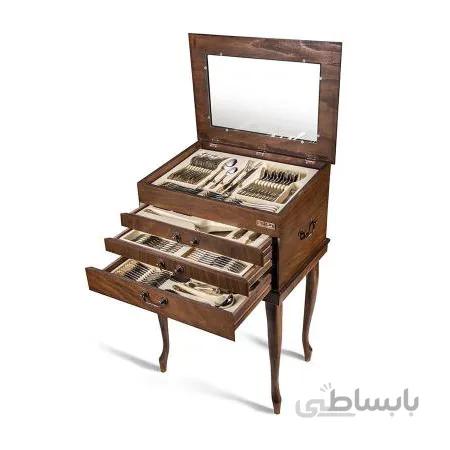 سرویس قاشق و چنگال 12 نفره ناب استیل طرح فلورانس استیل براق (148 پارچه) بعلاوه کنسول چوبی ا Nab-Steel Florence Steel Cutlery Set 148 Pieces