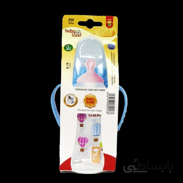 شيرخوري PP دسته دار دهانه عريض ارتودنسي 300ML آويز بی بی لند آبی
