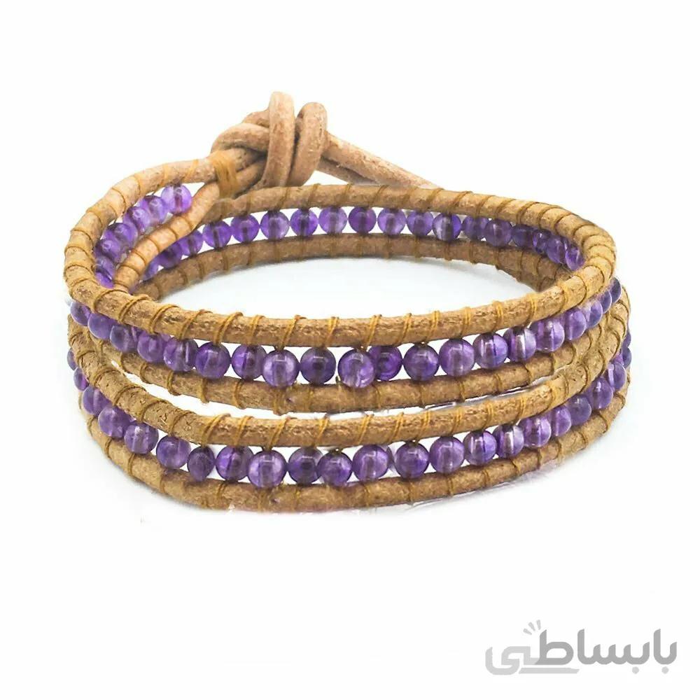 دستبند بند چرمی و سنگ آمیتیست