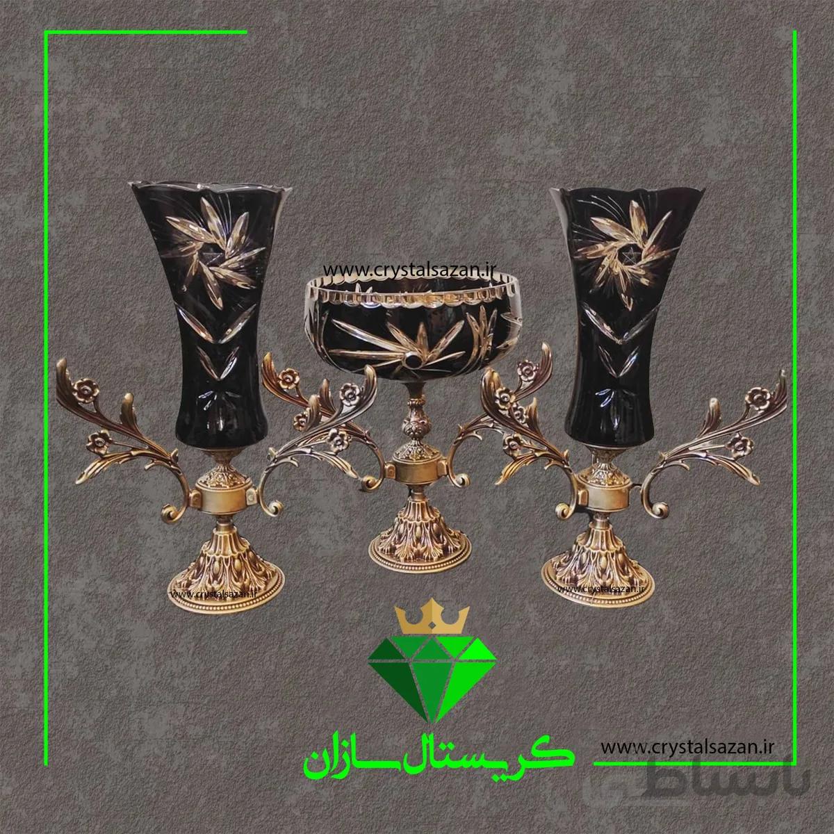 سه تیکه گلدان و میوه خوری تراش تابان کریستال سازان مشکی رنگ کد CS1271