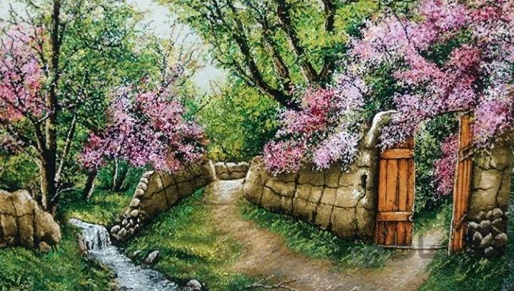 تابلو فرش برجسته دستبافت ابریشمی طرح منظره کوچه بهاری کد ۱۰۱۳۱۹