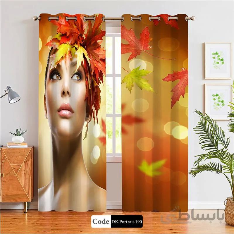 پرده پانچی (هازان و مخمل) کد DK.Portrait.190 طرح چهره زن با برگ های پاییزی