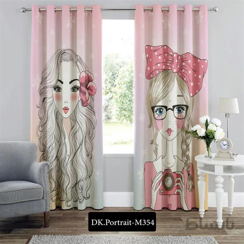 پرده پانچی (هازان و مخمل) کد DK.Portrait.M354 طرح چهره دو دختر