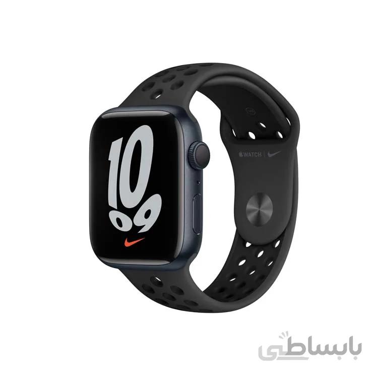 اپل واچ 41 میلیمتر سری 7 نایکی بدنه آلومینیوم خاکستری با بند مشکی ا Apple Watch Series 7 Midnight Aluminum Case-Nike 41mm Antricite Band-0Ki90