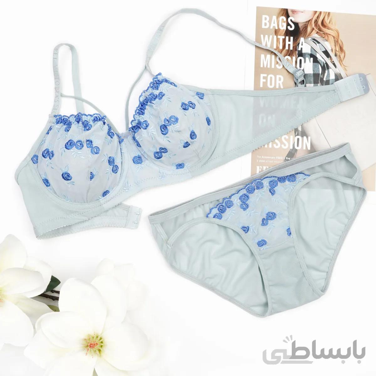 ست بدن نما گلدوزی آبی دلفینی طرح 2