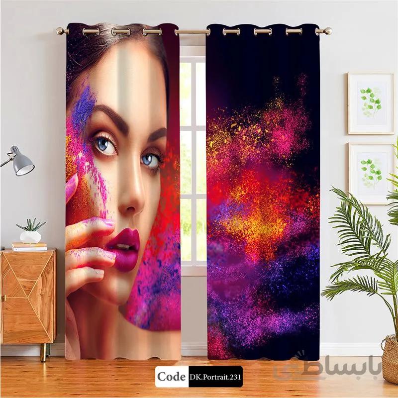 پرده پانچی (هازان و مخمل) کد DK.Portrait.231 طرح چهره زن و رنگ ها
