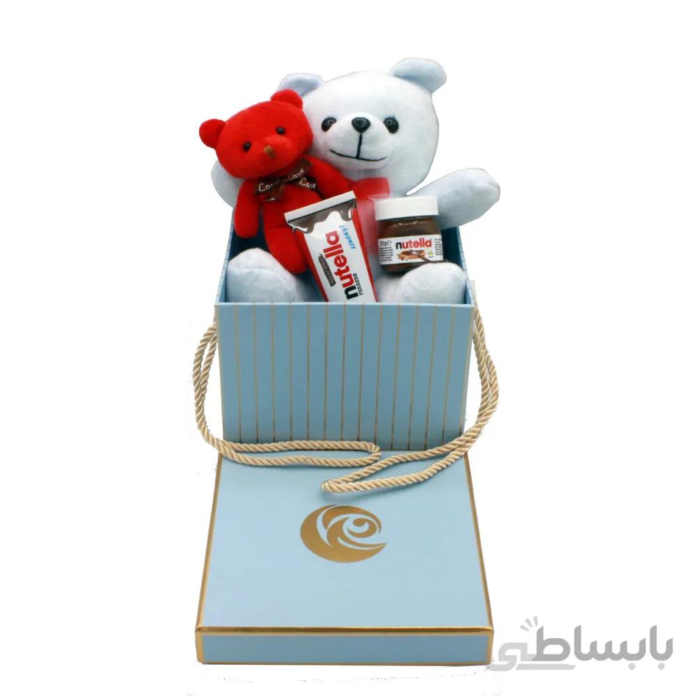 هدیه عاشقانه شیک خرس آبی + شکلات نوتلا 5تکه