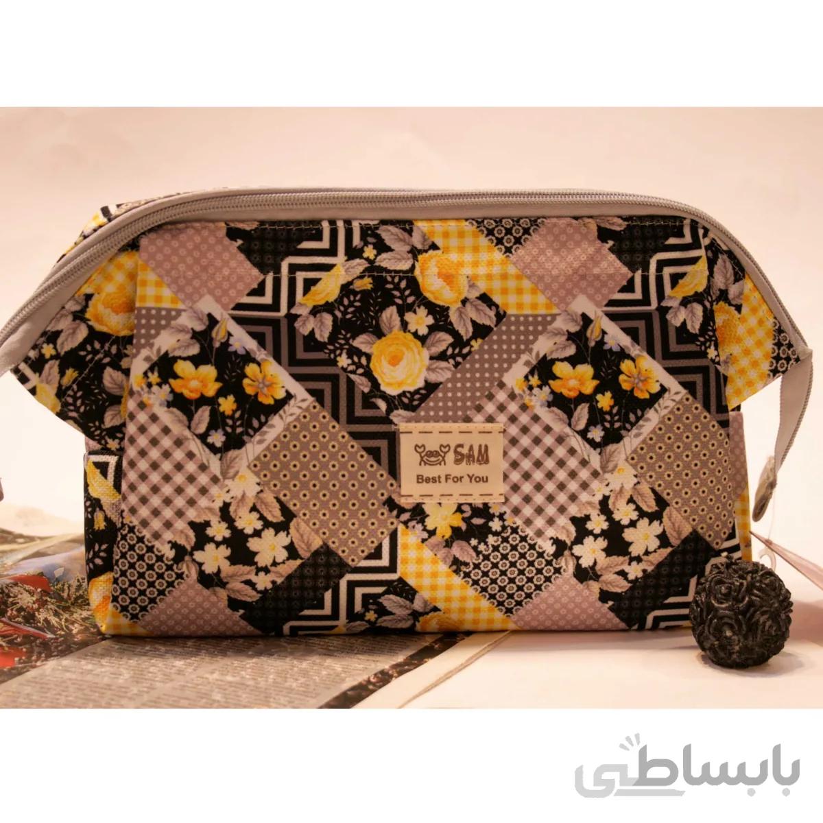 کیف لوازم آرایشی بزرگ طوسی زرد کد 733
