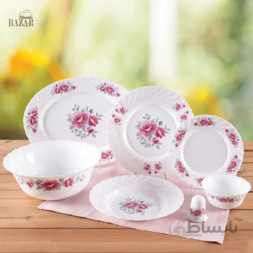 سرویس غذاخوری 28 پارچه گرد گل رزالین صورتی کد 411 پارس اپال