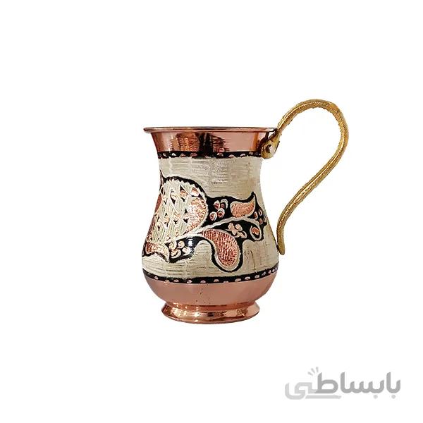 لیوان مسی دسته برنج الماس تراش نقره کوب طرح ترک 10 سانتی متر