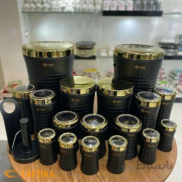 سرویس آشپزخانه 18 پارچه کريستالی ام جی اس MGS مشکی سنباده ای درب طلايی