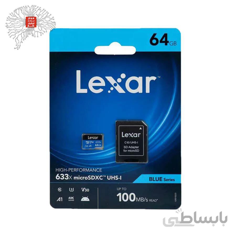 کارت حافظه microSDXC لکسار مدل 633X-A1-V30 کلاس 10 استاندارد UHS-I U3 سرعت 100mbps ظرفیت 64 گیگابایت به همراه آداپتور SD