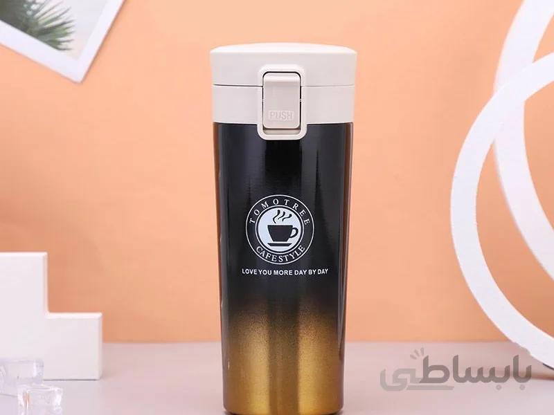 تراول ماگ استیل دو رنگ کافی coffee مشکی طلایی 380 سی سی ا coffee travel mag