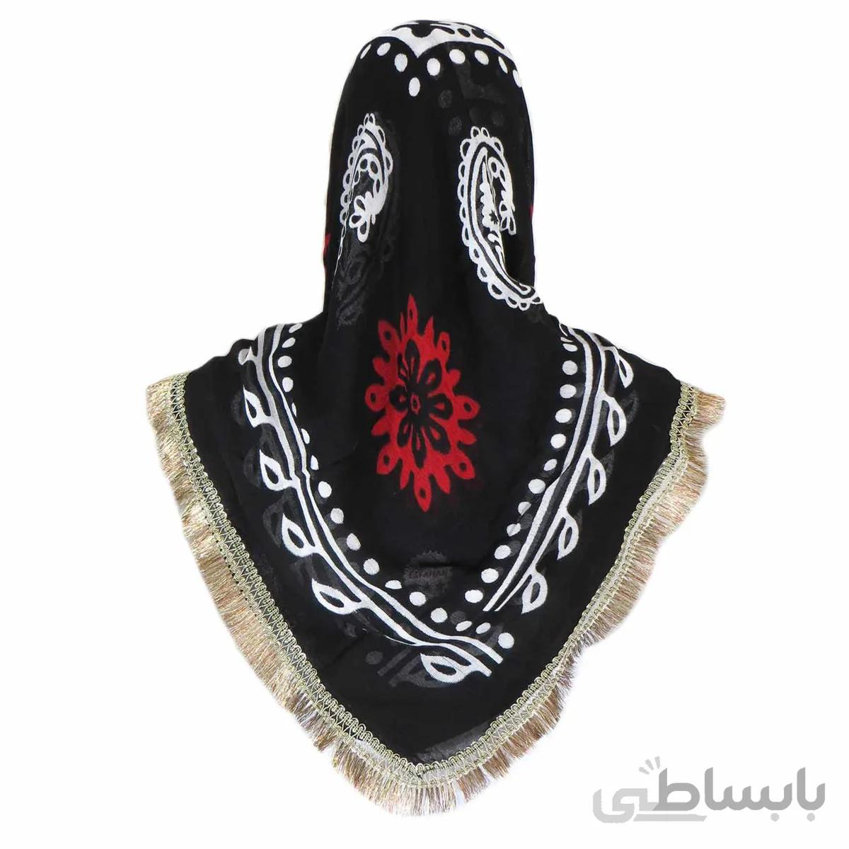 روسری سنتی کردستان ریشه دار مشکی - طلایی 1.5 متری