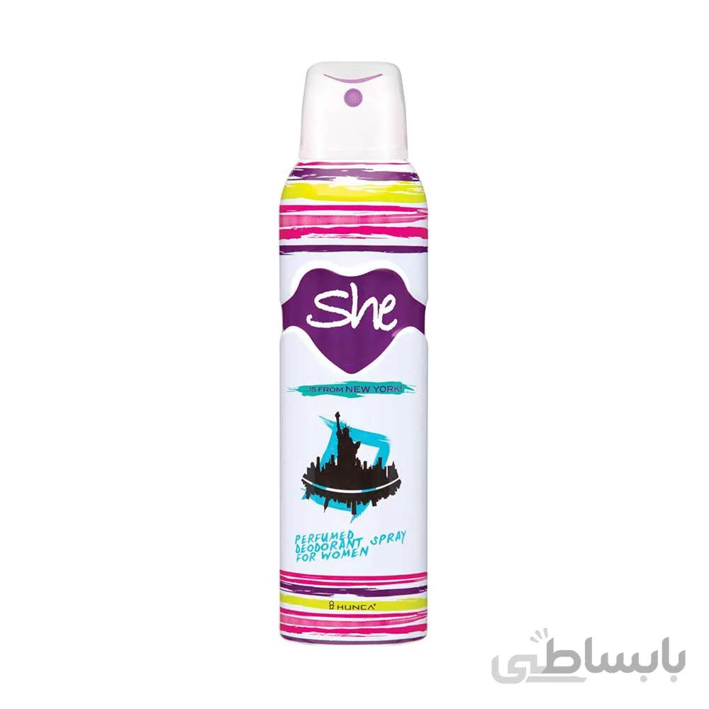 اسپری دئودورانت24 ساعته زنانه شی she مدل نیویورک new york در حجم 150 میلی لیتر ا perfumed deodorant spray she modelis from new york 150ml