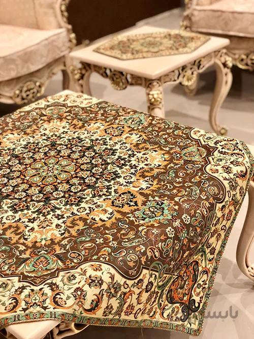 رومیزی مربع ترمه طرح سالار مشکی ابریشم کد 710 کد 410526