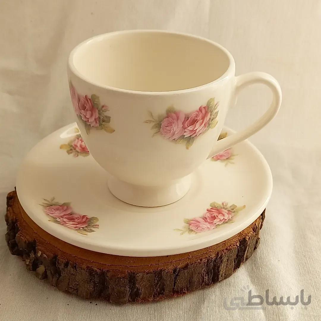 فنجان نعلبکی پایه دار سرامیکی گل رز